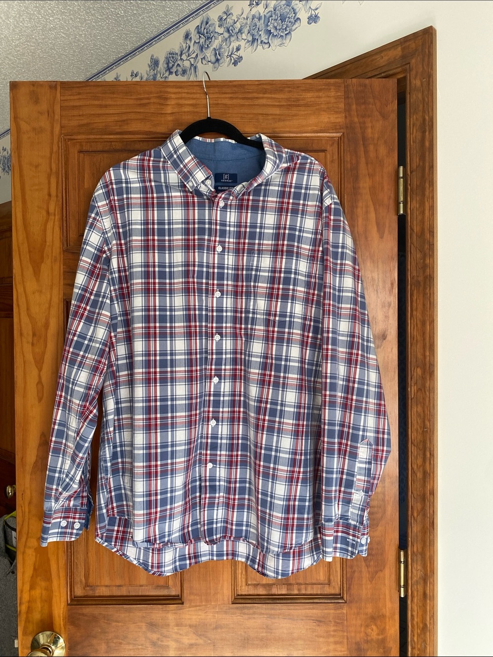 George Men's Plaid Button-Down Shirt - Blue, Red, White